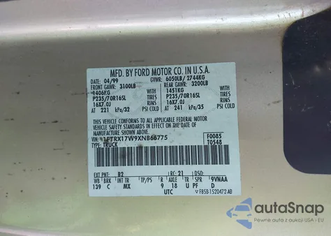 1999 Ford F-150 Lariat/Work Series/Xl/Xlt z USA, uszkodzony, nr VIN 1FTRX17W9XNB66775